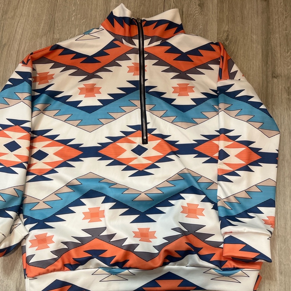 Geometric Aztec Print Half-Zip Pullover - Orange … - image 1